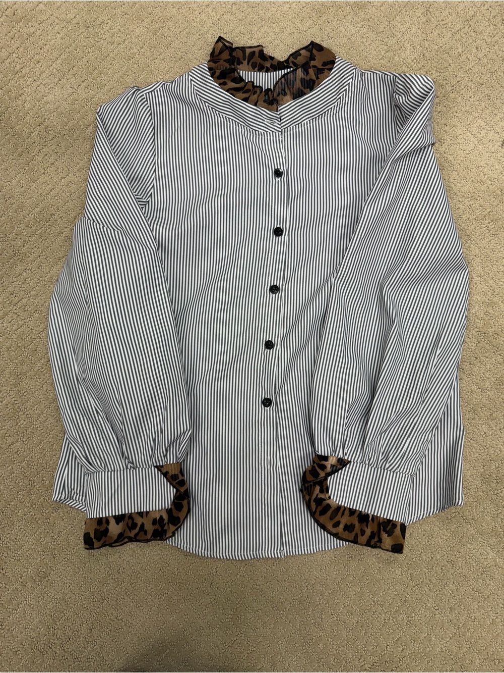 Striped Button-Down Top with Leopard Trim - Black/White